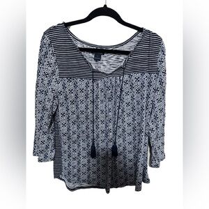 Lucky Large Tassel Cotton  Modal Popover Floral Stripe Top Keyhole Boho